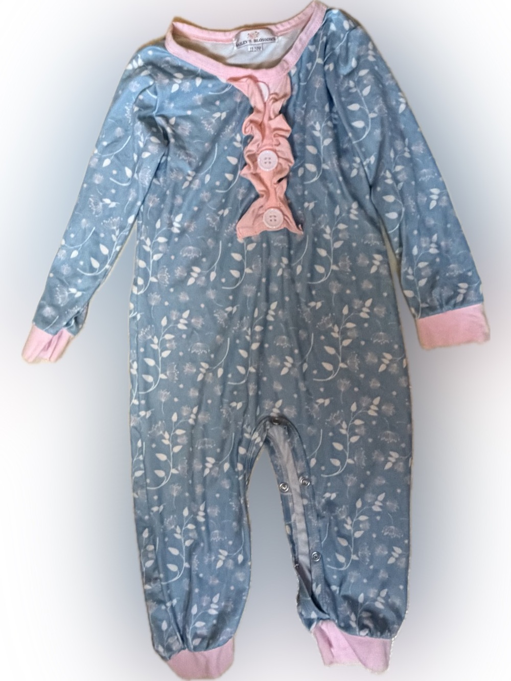 Baileys Blossoms Blue Floral Footed One-Piece with Pink Ruffle Trim